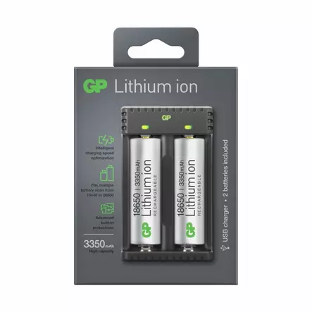 GP Lithium ion 18650 3350mAh akku+ laturi 2 akkua - Batterier og powerbanker - 4891199191152 - 2