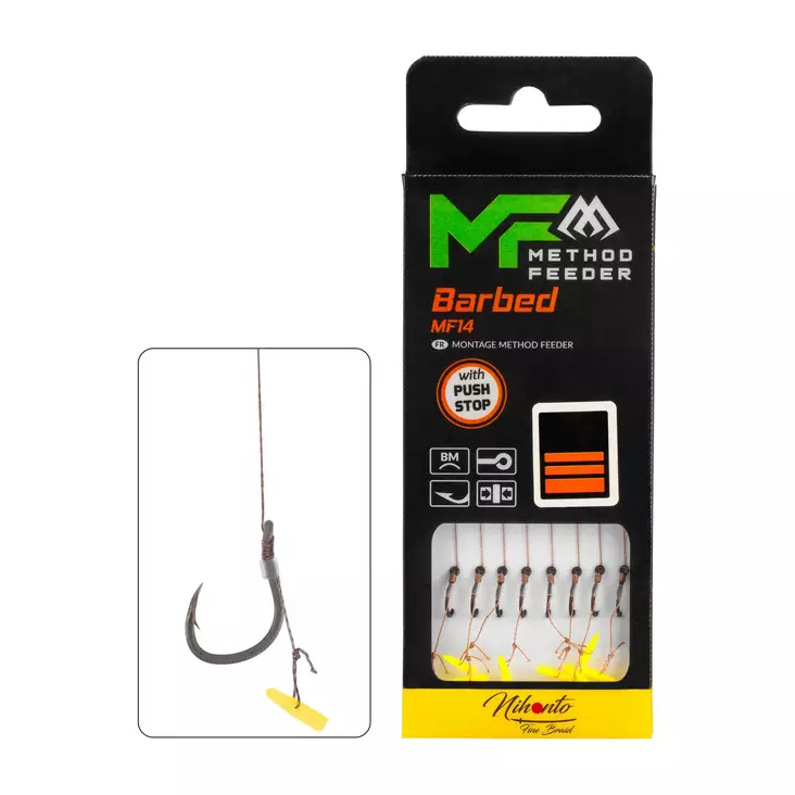 Mikado MF Rig MF14 Push Stop Barbed Braid 10cm - Ferdigknyttede kroker - 5900637121213 - 1