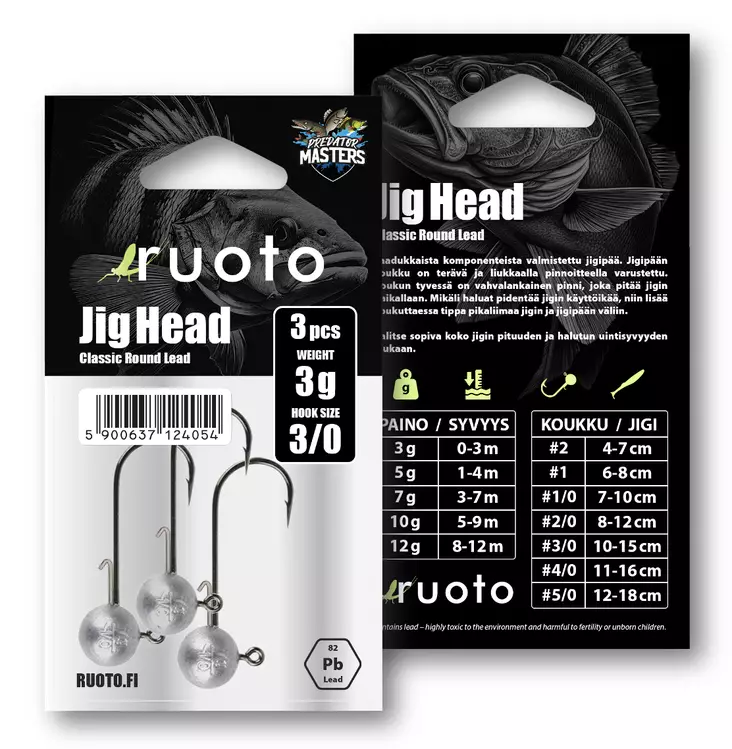 Ruoto PredatorMasters Jig Head 3g - "Classic Round Lead" - Jiggskaller - 6438407013189 - 2